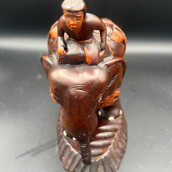 Vintage 1950s Wooden Hand-Carved Man on an Elephant Pulling a Log Figurine - Picture 2 of 6